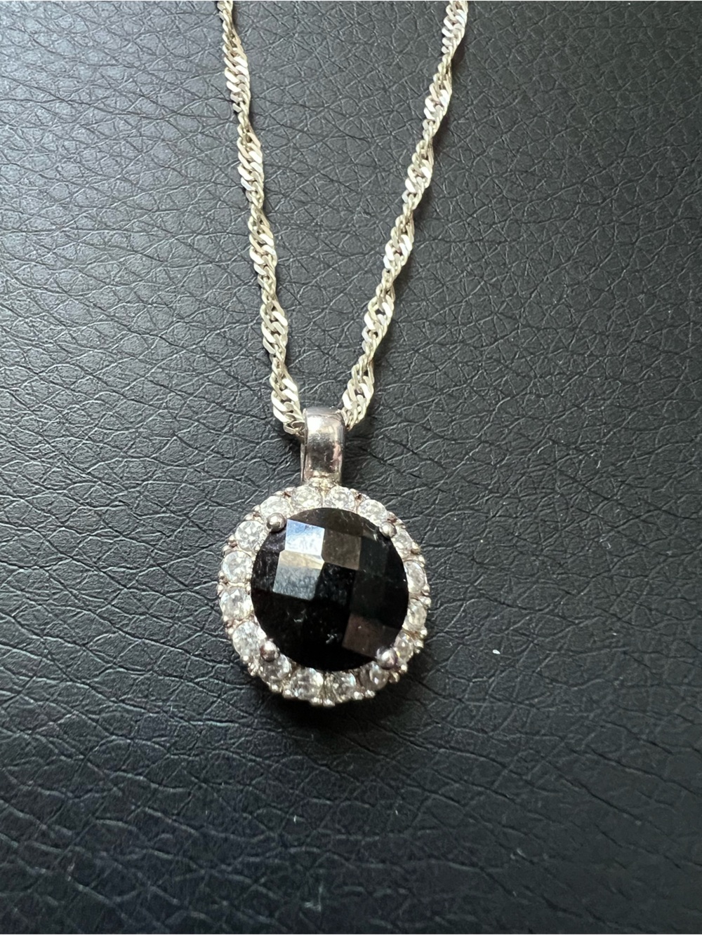 Silver Pendant Necklace with Black Faceted Stone and Crystal Halo